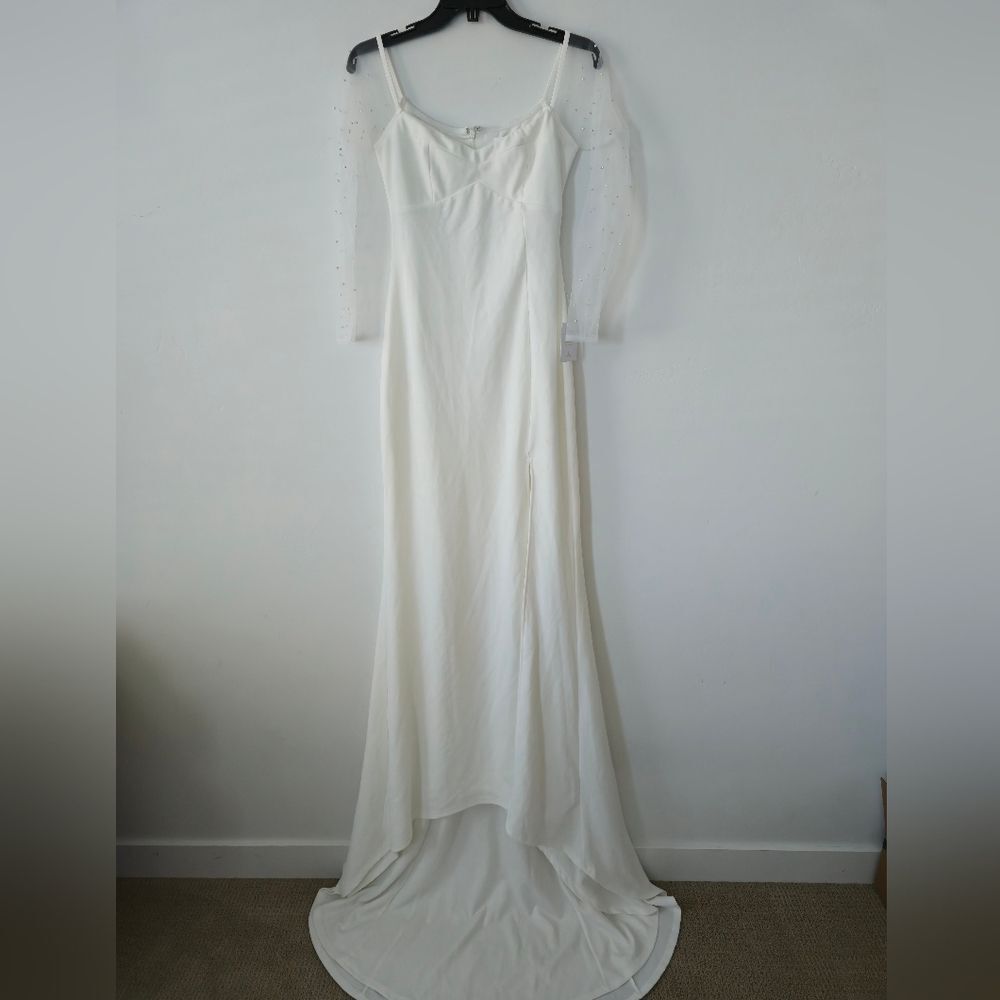 NWT Lulus Eternally Beloved White Mesh Off-the-Shoulder Pearl Maxi Dress